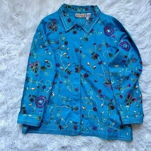 🦋 Vintage Beaded and Embroidered Butterfly and Flower Cotton Button-Up 🦋🌸
